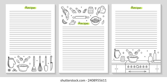 Cooking recipe 3 posters with Kitchen utensils outline icon. Empty cookbook pages for homemade baking recipes. Cooking cards set. Products and kitchen tools for cooking baking. Vector illustration.