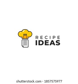 Logo de la idea de la receta de cocina con hoja de recetas y sombrero de cocina como inspiración de bombilla ilustración de icono