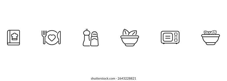 Receita de cozinha ervas de cozinha micro-ondas refeição tigela sal pimenta ícone de comida ilustração vetor para o conjunto de design de preparação de menu culinário.