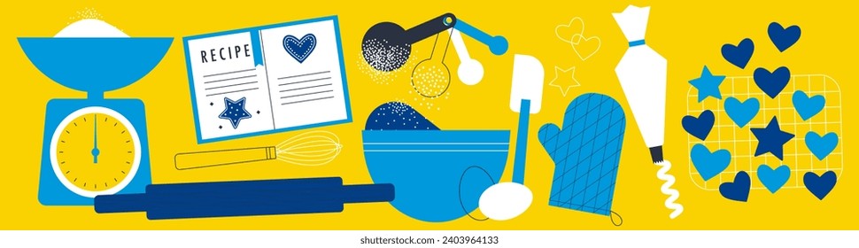 Cooking recipe. Kitchen utensils and ingredients. Kitchenware for cooking and baking. Flat vector illustration of a bakery, cookies, dough, buns, cakes. Abstract vintage style. Scandinavian design.