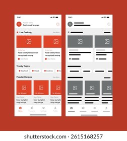 Cooking Recipes App UI Kit Modern Home Screen Design with Wireframe Layout for Mobile App