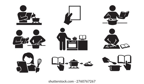 Cooking with recipes and food preparation process instructions icon set
