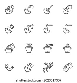 Cooking recipes line icons set, outline vector symbol collection, linear style pictogram pack. Signs, logo illustration. Set includes icons as cooking instruction, pouring into bowl, whisk eggs, salt