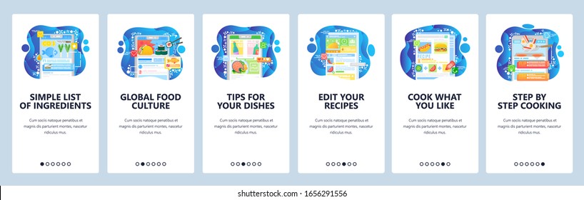 Cooking recipes online, step by step cook guide, world food cuisine, recipe book. Mobile app onboarding screens. Menu vector banner template for website mobile development. Web site illustration.