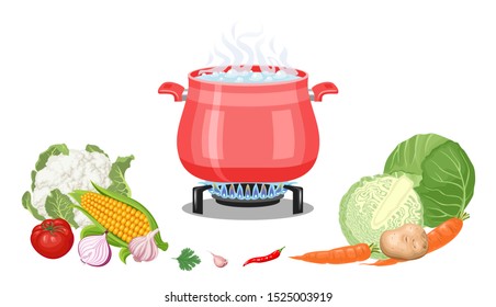 Cooking In Red Pan. Steaming Food In  Pot On Gas Stove Isolated On White Background. Vegetables Whole And Chopped. Vector Illustration In Cartoon Simple Flat Style.