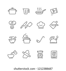 Cooking related icons: thin vector icon set, black and white kit