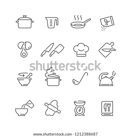Cooking related icons: thin vector icon set, black and white kit