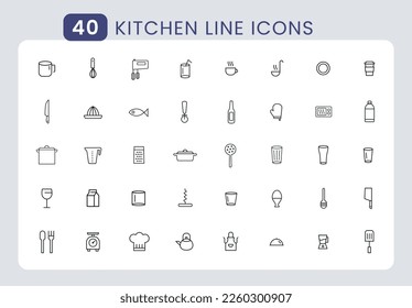 Cooking related line icon set. Vector illustration. Outline icons about kitchen. Pot, pan and kitchen utensils linear icons. Cooking recipe outline vector signs and symbols collection.