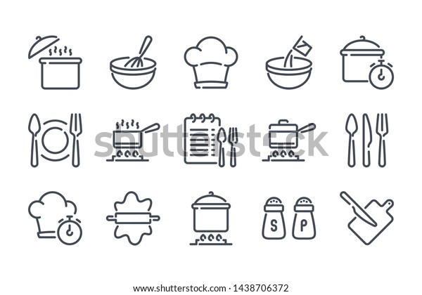 Cooking related line icon set. Pot, pan and\
kitchen utensils linear icons. Cooking recipe outline vector signs\
and symbols\
collection.