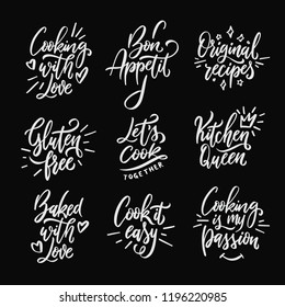 Cooking related quotes collection. Hand drawn kitchen calligraphy. Gluten free. Cooking with love. Cook it easy. Kitchen queen. Original recipes. Typography design elements set. Vector illustration.