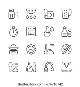 Cooking related set line icons isolated on white. Contains such icons as salt shaker, colander, ketchup, tap, oven, kitchen scales, whisk, oil bottle, meat grinder and more. Vector illustration