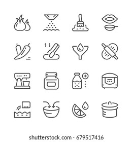 Cooking related set line icons isolated on white. Contains such icons as onion, kitchen tongs, funnel, rolling pin, pan, blender, multicooker, pepper, bowl, jar and more. Vector illustration