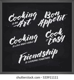 Cooking related typography set. Kitchen wordings. Bon appetit. Cook it easy. Cooking is an art. Vintage vector illustration.