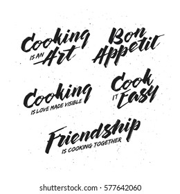 Cooking related typography set. Kitchen wordings. Bon appetit. Cook it easy. Cooking is an art. Vintage vector illustration.