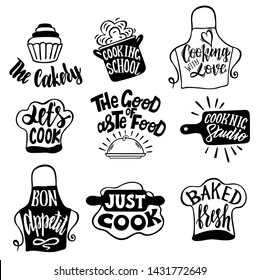 Cooking related typography set. Quotes about kitchen. Cooking wordings. Bon appetit.  Cooking with Love. Vintage vector illustration.