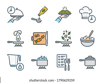 Cooking related vector color line icon set. Meal Cooking and Kitchen Equipment colorful icons. Food and Kitchen Utensils icon collection.
