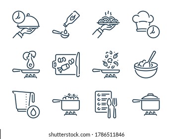 Juego de iconos de línea de vector relacionados con la cocina. Iconos del contorno del equipo de cocina y cocina. Colección de iconos de Utensilios de cocina y comida.