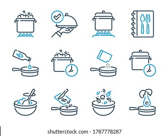 Cooking related vector line icon set. Meal Cooking and Kitchen Equipment outline icons.