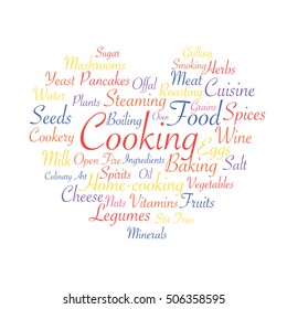 Cooking related words. Tag cloud for food industry. Typographic heart shaped vector illustration.