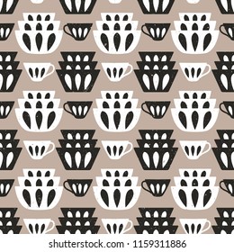 Cooking repetitive background for kitchen. Vector seamless pattern with plates and cups for kitchen fabrics, napkins, wrapping paper.