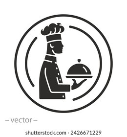 cooking in the restaurant kitchen icon, dish from the chef, chef with tray in hand, food serving, flat symbol - vector illustration