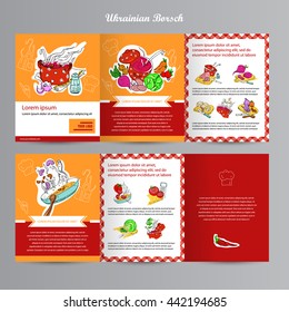 Cooking restaurant menu template. Step by step recipe infographic for making Ukrainian borsch. Booklet.  Hand drawn elements. Vector illustration.