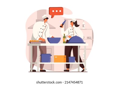 Cooking and restaurant web concept in flat design. Team of chefs prepares delicious dishes, working and talking in kitchen. Culinary art and professional staff. Vector illustration with people scene