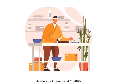 Cooking and restaurant web concept in flat design. Sushi chef prepares dish of Asian cuisine standing at table in kitchen. Culinary art and professional staff. Vector illustration with people scene