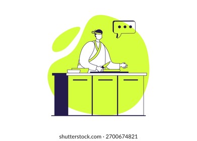 Cooking and restaurant web concept with flat people for website design. Professional sushi chef in uniform preparing traditional asian dish at kitchen, cooker making dinner. Vector illustration.