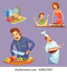 Cooking retro cartoon icon set utensil mother and son cutting chef vector illustration 