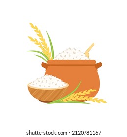 Cooking rice in earthen pot. Earth pot vector. Hot rice in bowl.