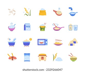 Cooking rice icons set. Chinese and Japanese cuisine, noodles and sushi. Boiling and frying rice in pot and pan, slow cooker and microwave. Cartoon flat vector collection isolated on white background