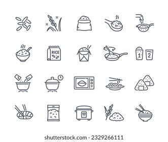 Cooking rice icons set. Japanese and Chinese cuisine and food. Boiling rice in microwave and slow cooker, frying and in pot and pan. Linear flat vector collection isolated on white background
