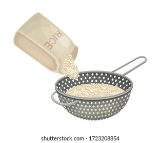 Cooking Rice Process with Grain Sieving and Washing in Strainer Vector Illustration