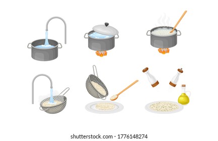 Proceso de cocción de arroz con lavado de cabeza de arroz y caza furtiva en un conjunto de vectores de quemador