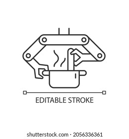 Cooking robots linear icon. Robotic kitchen. Automatic restaurant meals making. Robotic chef. Thin line customizable illustration. Contour symbol. Vector isolated outline drawing. Editable stroke