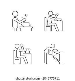 Cooking rotine linear icons set. Meal preparation at home. Commonplace day-to-day human life. Customizable thin line contour symbols. Isolated vector outline illustrations. Editable stroke