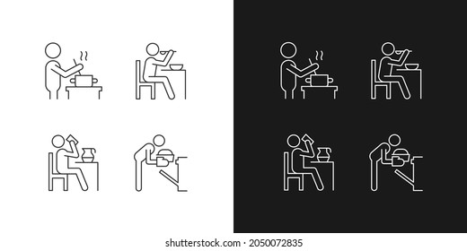 Cooking rotine linear icons set for dark and light mode. Meal preparation at home. Healthy eating habits. Customizable thin line symbols. Isolated vector outline illustrations. Editable stroke