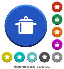Cooking round color beveled buttons with smooth surfaces and flat white icons