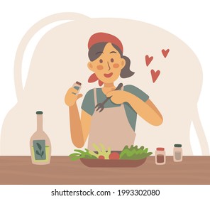 Cooking salad at home concept with woman in the kitchen making meal on the table for the diet, vector illustration in flat cartoon style.