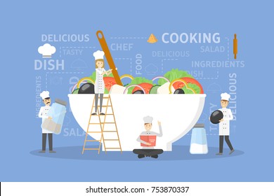 Ilustración de ensalada de cocina. Los chefs cocinan ensalada gigante.