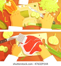 Cooking Of Salad And Steak Two Bright Color Illustrations.