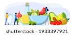 Cooking salad Tiny people standing by huge salad bowl Flat vector illustration for poster banner website Small men and women putting slices of vegetables to salad mixing bowl Healthy organic food