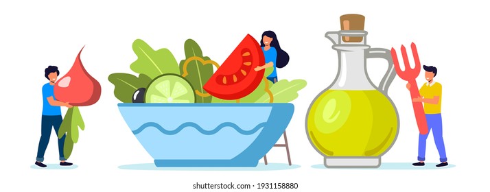 Cooking salad Tiny people standing by huge salad bowl Flat vector illustration for poster banner website Small men and women putting slices of vegetables to salad mixing bowl Healthy organic food