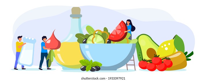 Cooking salad Tiny people standing by huge salad bowl Flat vector illustration for poster banner website Small men and women putting slices of vegetables to salad mixing bowl Healthy organic food