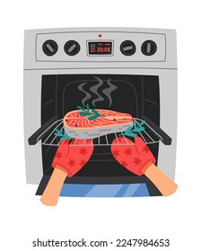 Cooking salmon in electric oven flat icon Kitchen utensil. Vector illustration