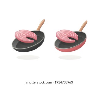 Cooking salmon fish steak concept. Isometric vector illustration. Isolated on white background.