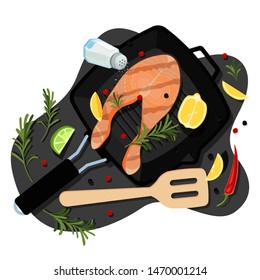 Cooking salmon steak, vector flat cartoon top view illustration. Black grill pan with fried sea fish, spices and ingredients. Seafood restaurant menu design elements.