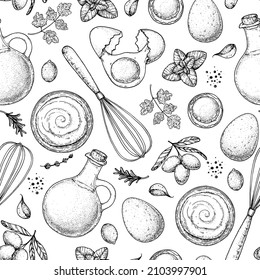 Cooking sauce seamless pattern. Hand drawn sketch background. Design template. Menu background. Cooking food pattern.