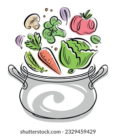 Cooking saucepan or kitchen pot. Kitchenware with and vegetables flying. Vector illustration